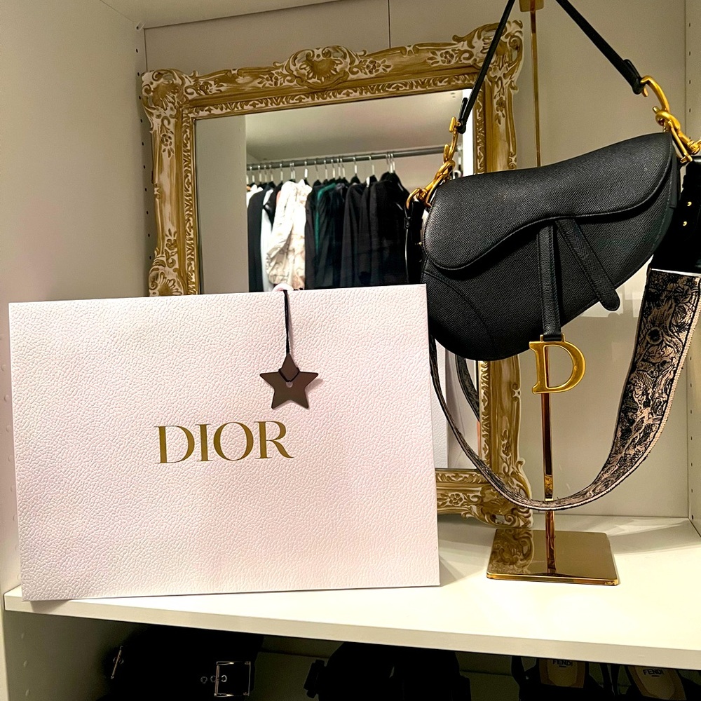 Dior black Saddle Bag with Black and Tan Tiger Embroidered Strap